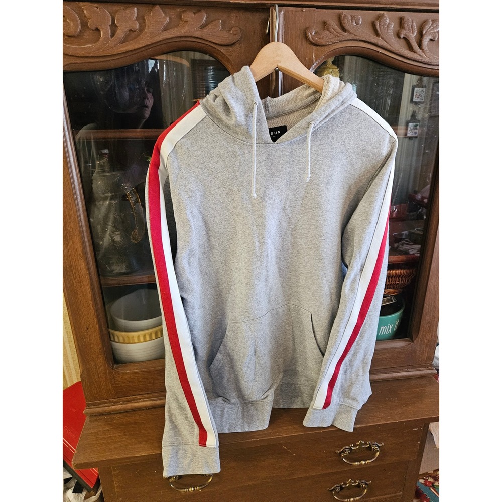 PacSun Mens Medium Gray Hoodie Red White Side Stripe Pullover Sweatshirt M